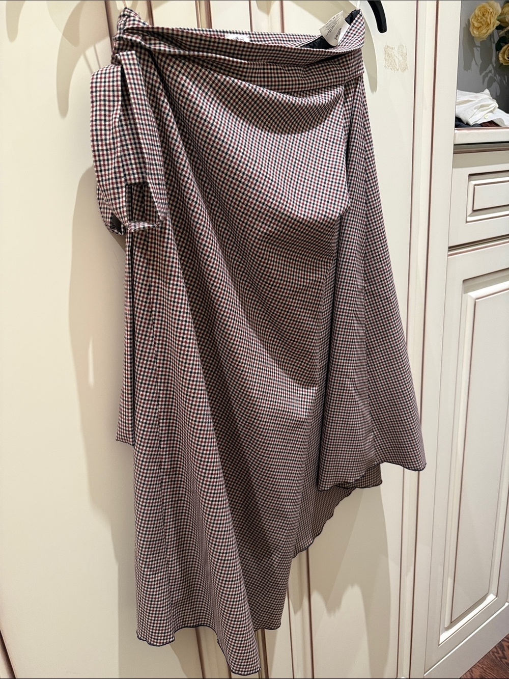 Aritzia Asymmetrical Wrap Skirt in Burgundy and Black Gingham